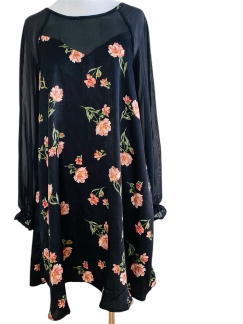 BAILEY BLUE FLORAL BOHO DRESS MEDIUM BLACK SHEER SLEEVES ROMANTIC NEW WHIMSYGOTH